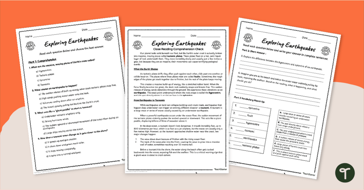 Exploring Earthquakes - Comprehension Worksheets teaching resource