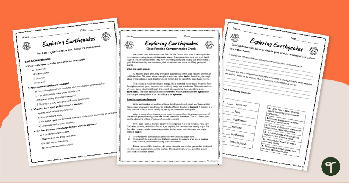 Exploring Earthquakes Comprehension Worksheets teaching resource