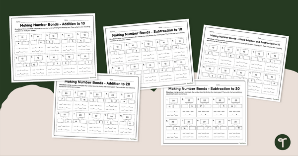 Go to Making 10 and 20 Number Bonds Worksheet Pack teaching resource