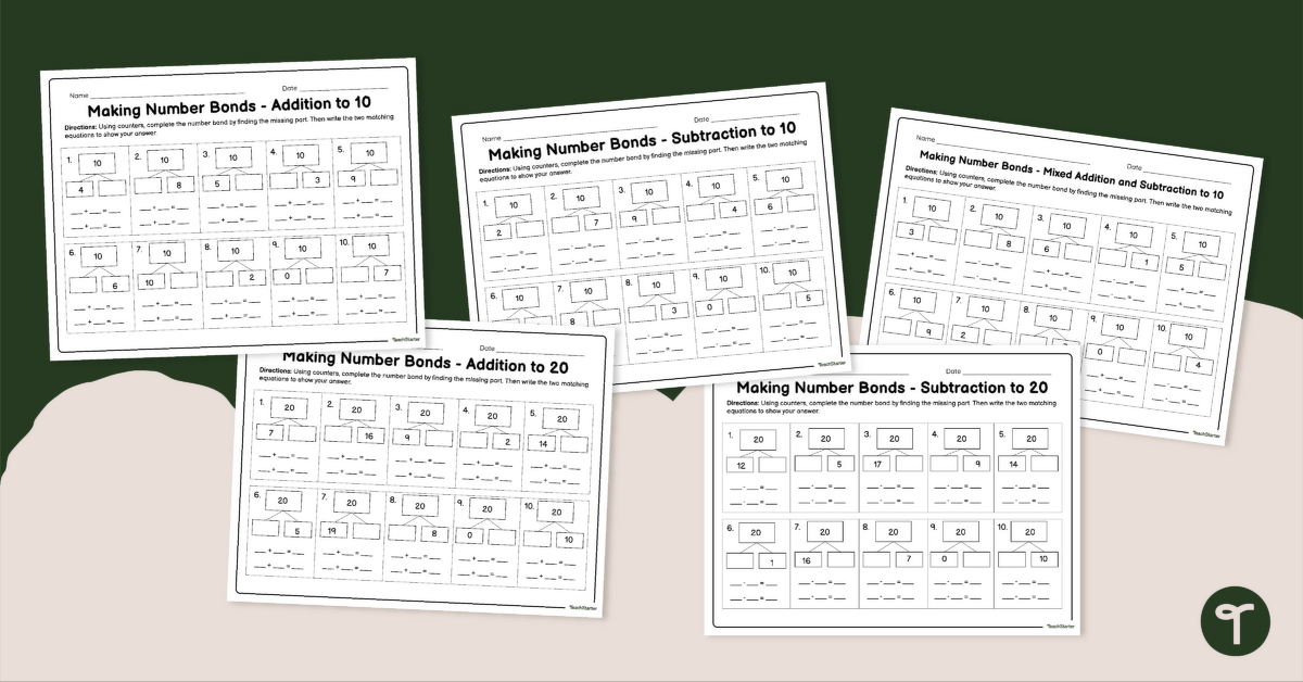 Number Bonds Worksheets for Addition and Subtraction teaching resource