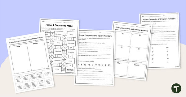 Go to Prime, Composite and Square Numbers Worksheet Pack teaching resource