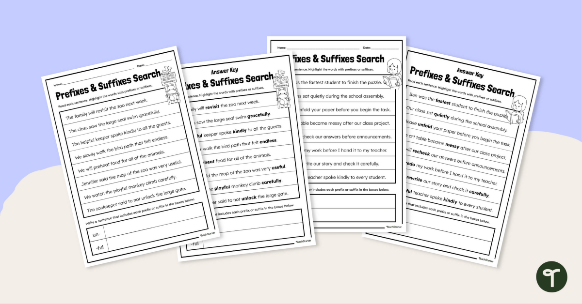 Prefix and Suffix Search Worksheets teaching resource