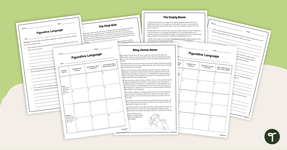 Analysing Figurative Language in Literature Worksheets teaching resource