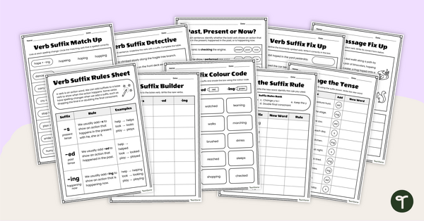 Go to Verb Suffixes Worksheets (s, ed, ing) teaching resource