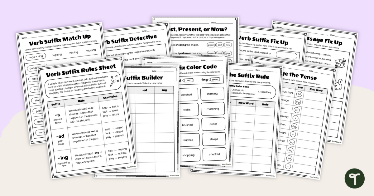 Verb Suffixes Worksheets (s, ed, ing) teaching resource