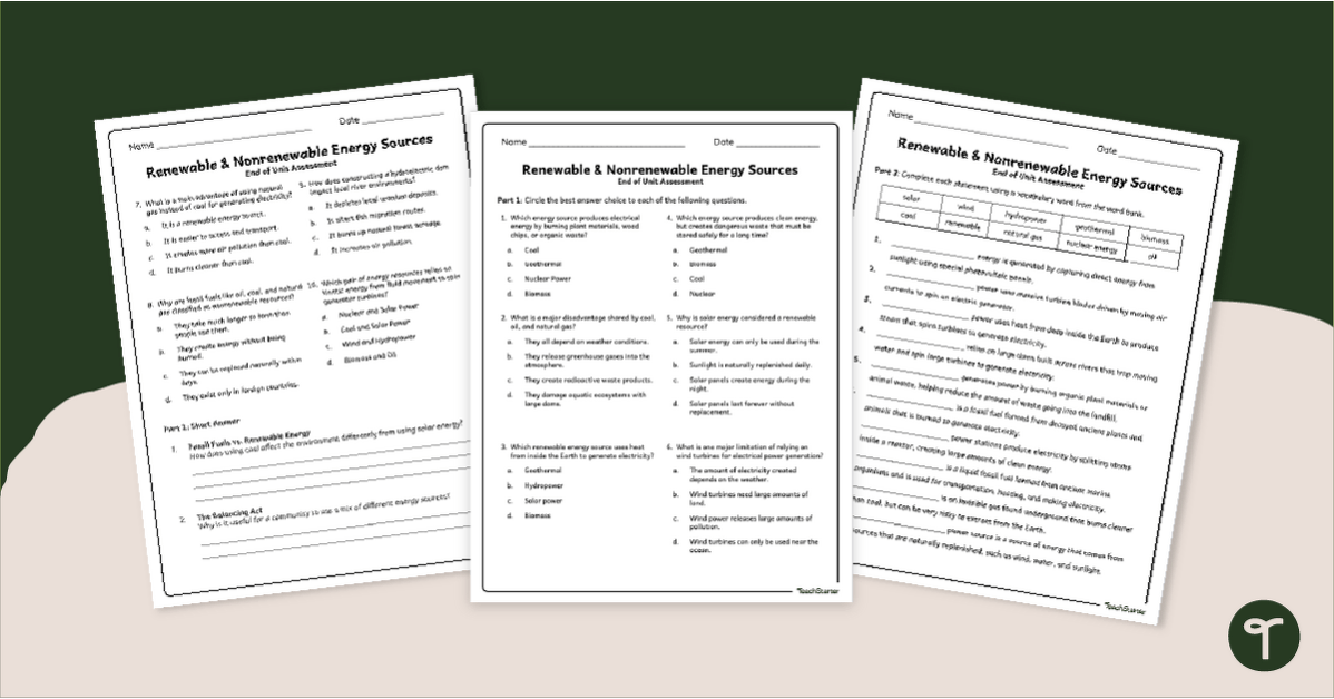 Renewable & Nonrenewable Energy Quiz teaching resource