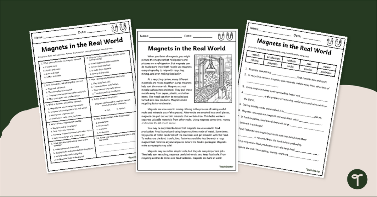 Magnets in the Real World - Comprehension Worksheet Pack teaching resource