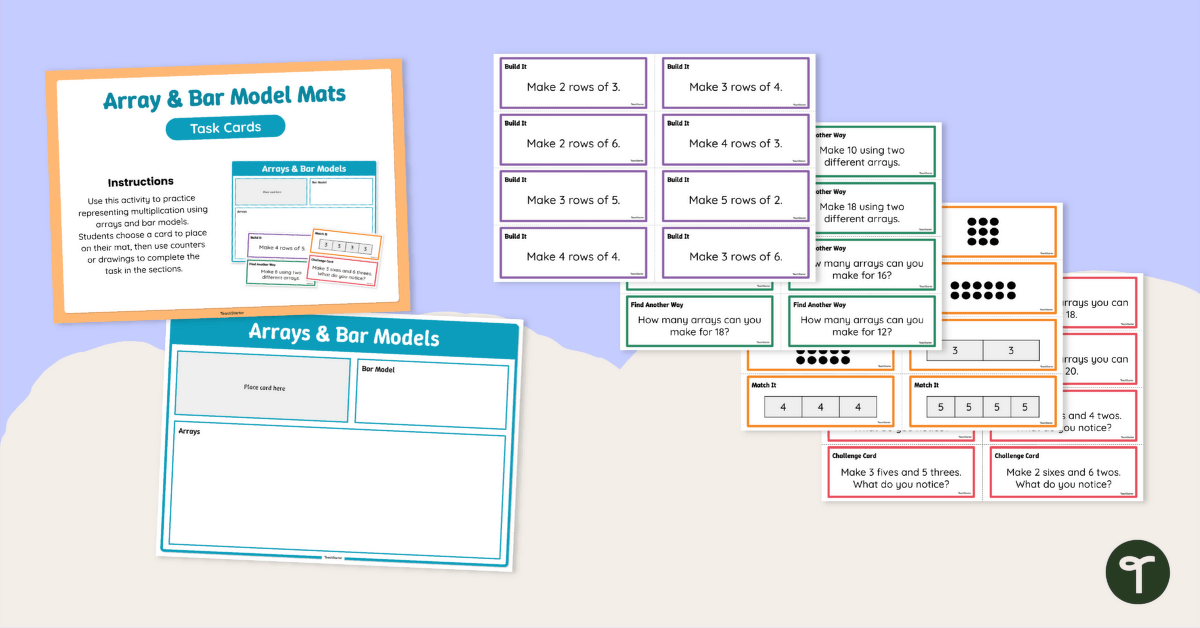Array and Bar Model Task Cards with Work Mats teaching resource
