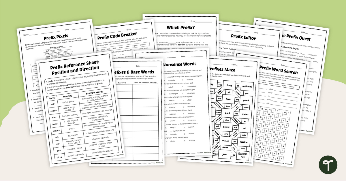 Directional and Positional Prefixes Worksheet Pack teaching resource