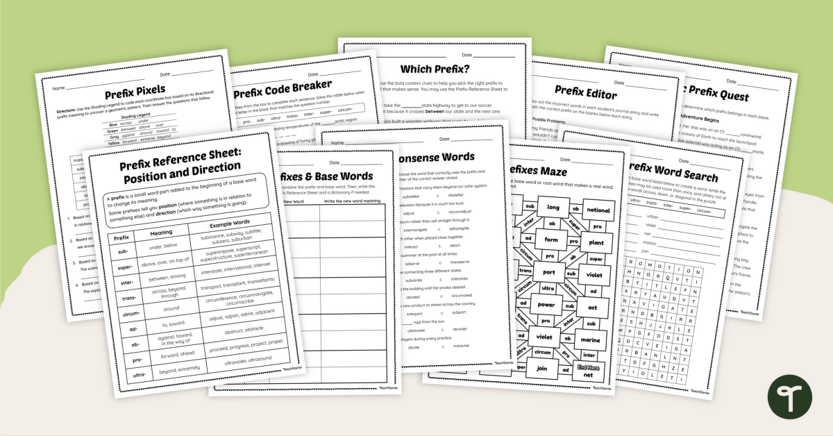 Direction and Position Prefixes Worksheet Pack teaching resource