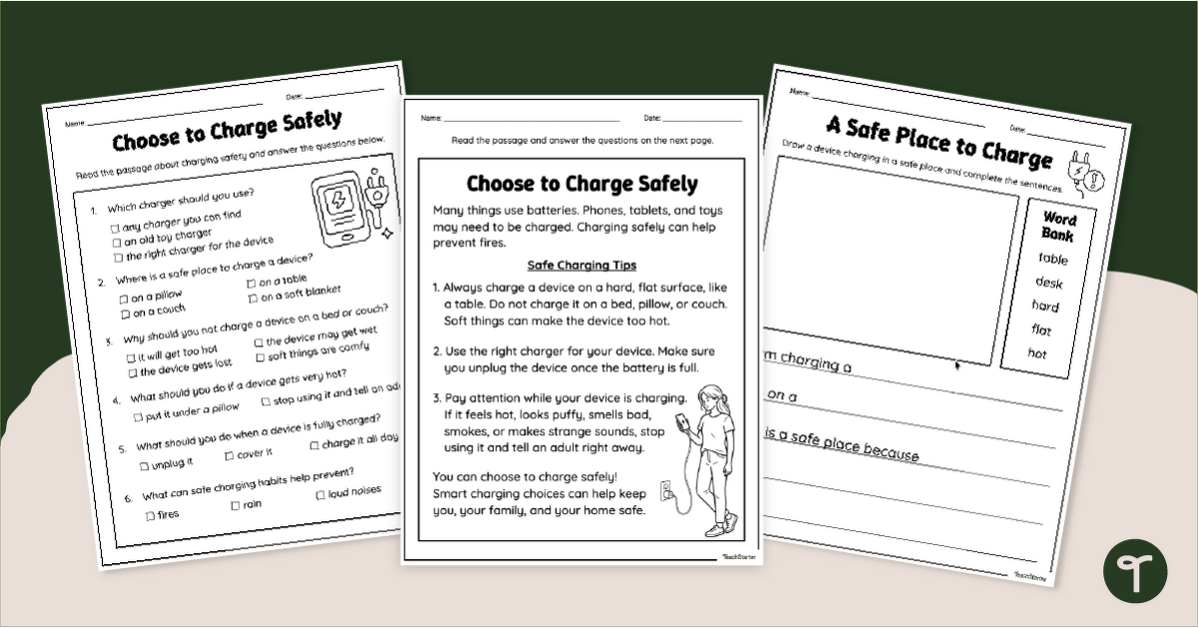 Charging Safety Comprehension Worksheets - Grade 1 teaching resource