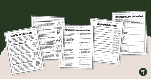 Go to Charging Safety Reading Comprehension Worksheet Pack (3-4) teaching resource