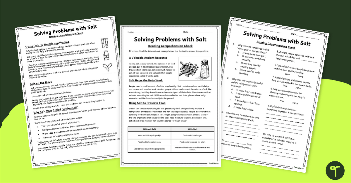 Solving Problems With Salt - Comprehension Worksheets teaching resource