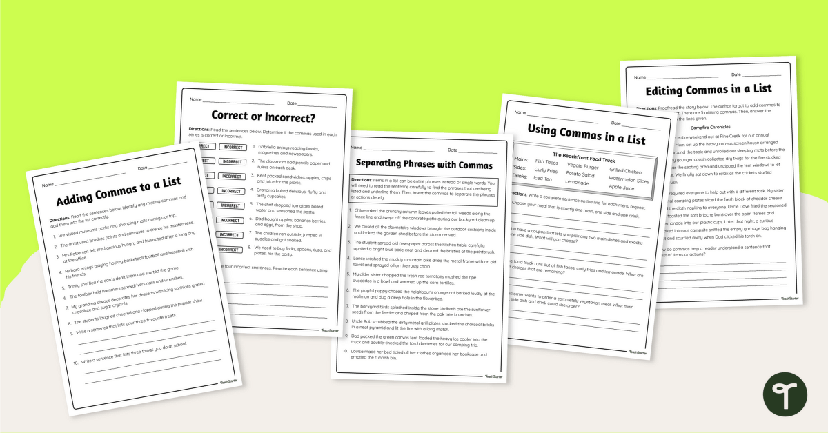Commas in a List Worksheet Pack teaching resource
