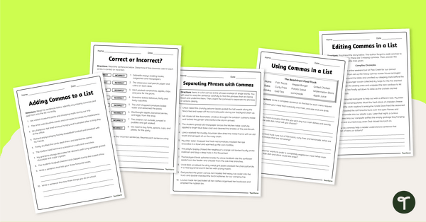 Go to Commas in a List Worksheet Pack teaching resource