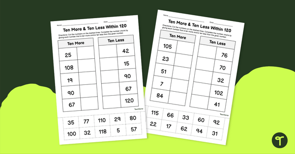 Go to Ten More and Ten Less - Cut and Paste Worksheet teaching resource
