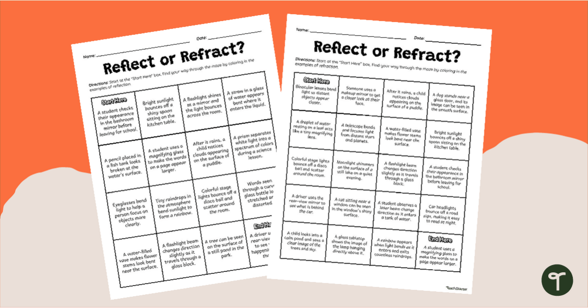 Reflection or Refraction Maze Worksheets teaching resource