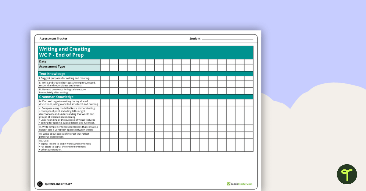 Literacy Assessment Tracker - Writing and Creating Prep to Year 7 (QLD) teaching resource