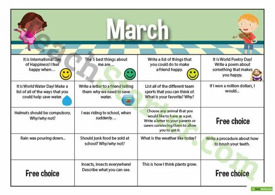 Assorted Writing Prompts Calendar - Lower Elementary teaching resource