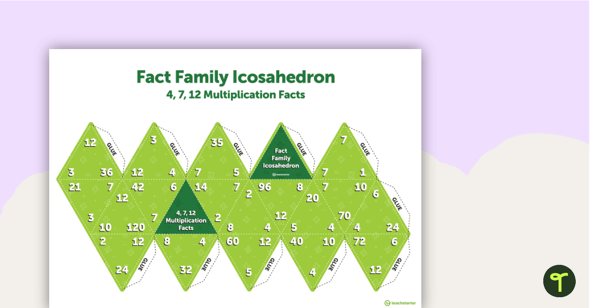 Fact Family Icosahedron (4, 7, 12 Multiplication and Division Facts) teaching resource