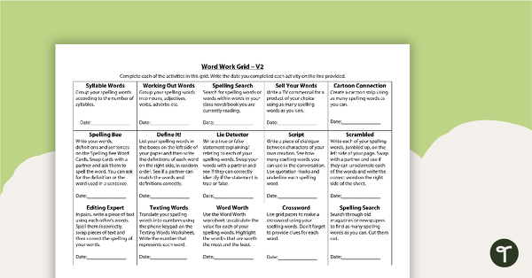 Word Work Grid and Worksheets - Version 2 teaching resource