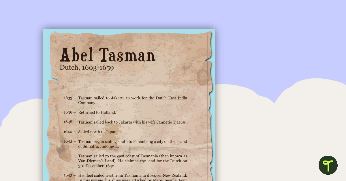 Early Explorer Profiles - Abel Tasman, James Cook and Willem Janszoon teaching resource