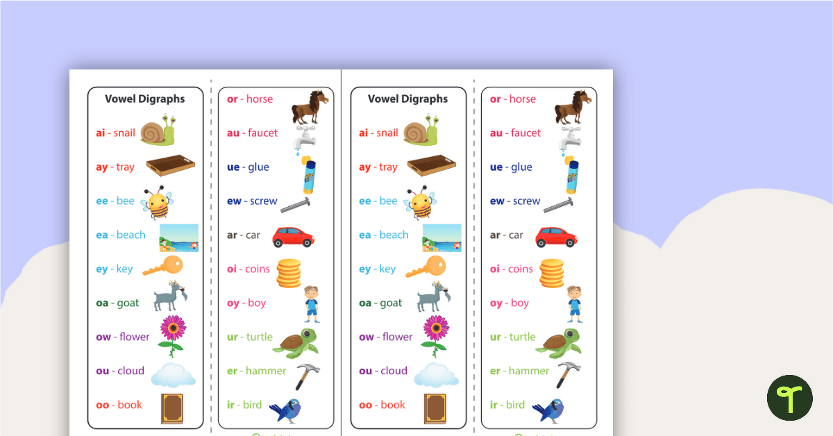 Vowel Digraphs Bookmarks teaching resource