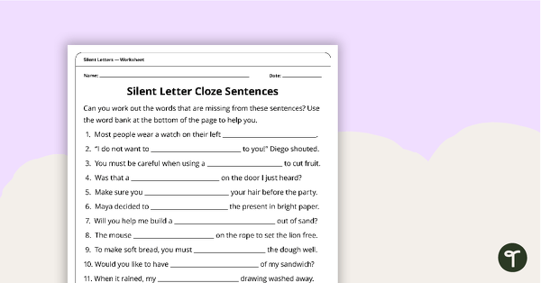 silent letters worksheet pack teach starter