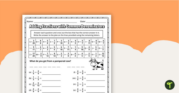 Preview image for Adding Fractions with Common Denominators Worksheet - teaching resource