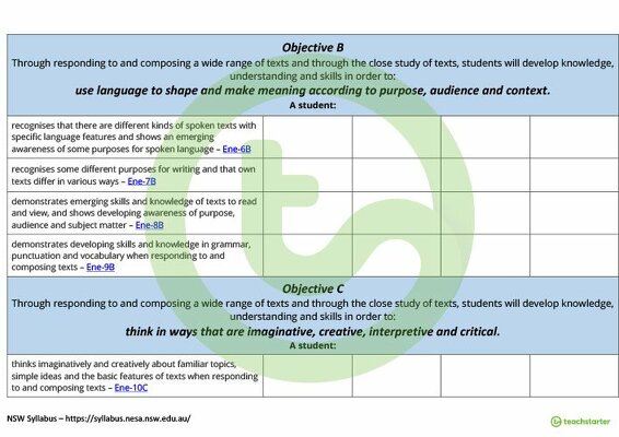 English Term Tracker (NSW Syllabus) - Early Stage 1 teaching resource