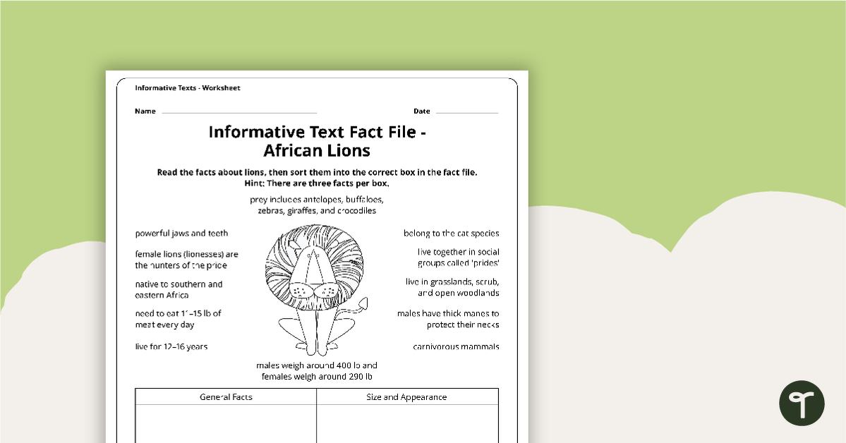 Informative Texts Writing Task - Lions teaching resource