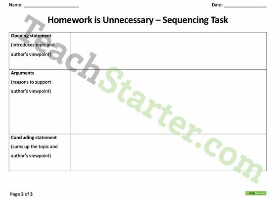 Sequencing Activity - Homework is Unnecessary (Persuasive Text) - Simplified Version teaching resource