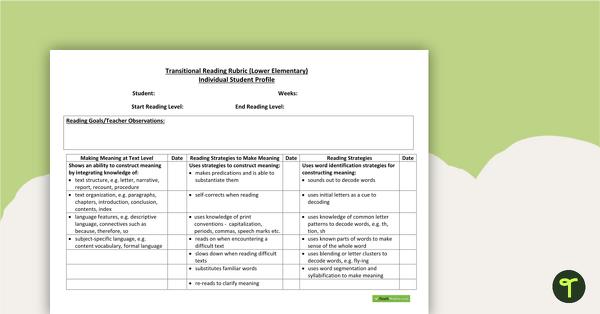 Go to Transitional Reading Rubric (Lower Elementary) teaching resource
