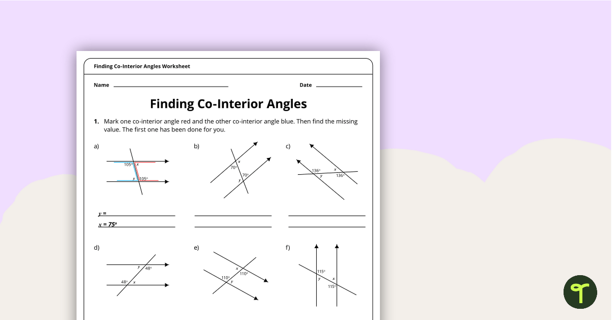 Finding Co-Interior Angles – Year 7 Maths Worksheet teaching resource