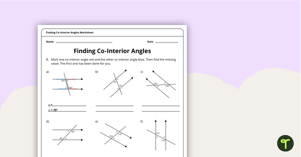 Finding Co-Interior Angles – Year 7 Maths Worksheet teaching resource