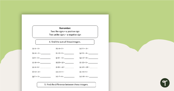 Positive and Negative Numbers - Worksheet teaching resource