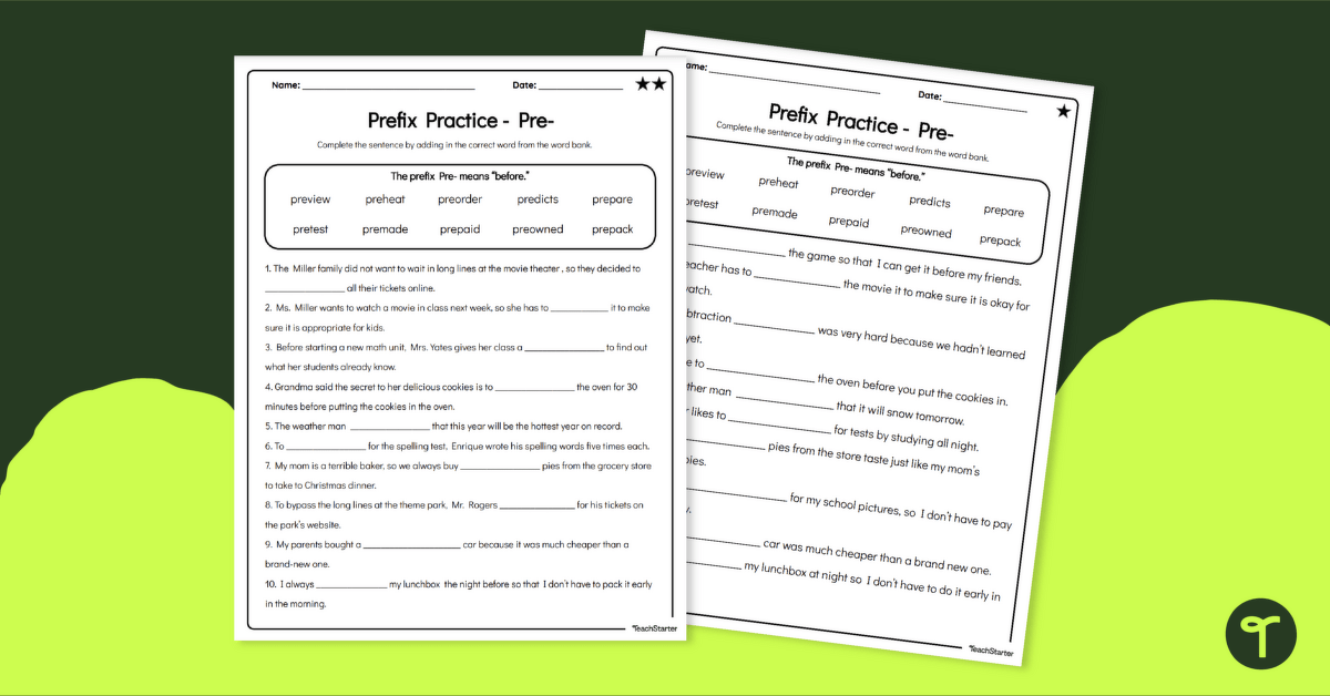 Prefix Worksheet - Words With the Pre- Prefix teaching resource