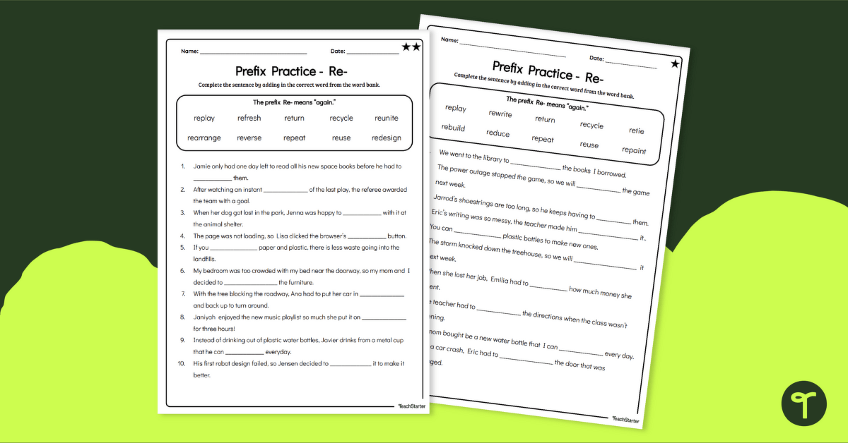 Differentiated Prefix Practice Worksheets - Re- Prefixes teaching resource