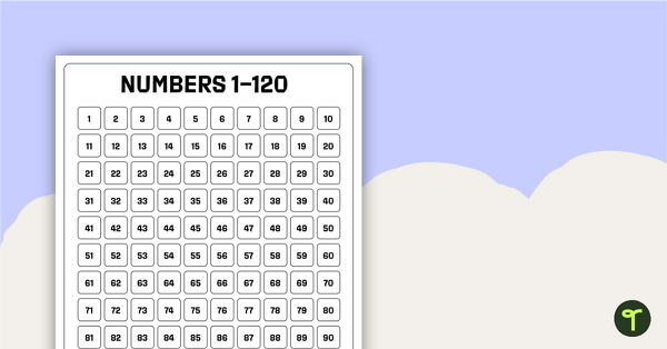 Black and White Number Chart 1–120 teaching resource