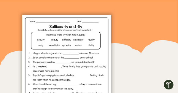 Image of Suffix Worksheet: -ty and -ity