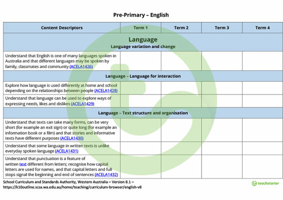 English Term Tracker (WA Curriculum) - Pre-primary teaching resource