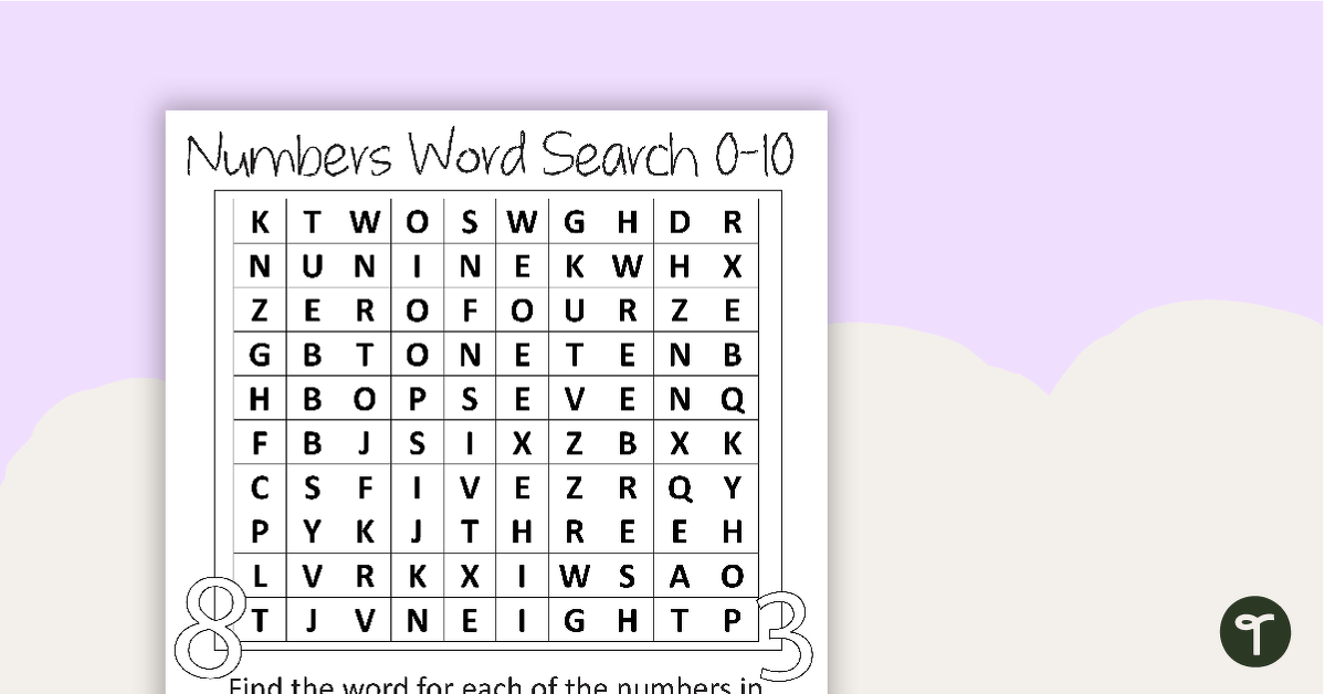 Numbers and Words 0-10 Word Search with Answers teaching resource