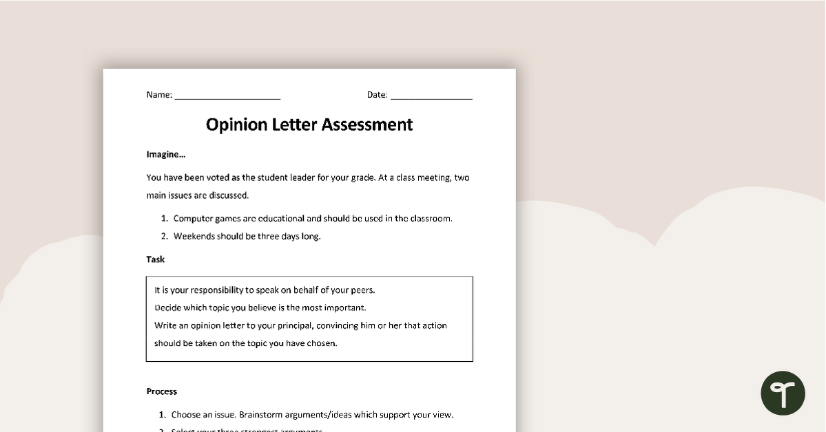 Opinion Letter Writing Task - Lower Grades teaching resource