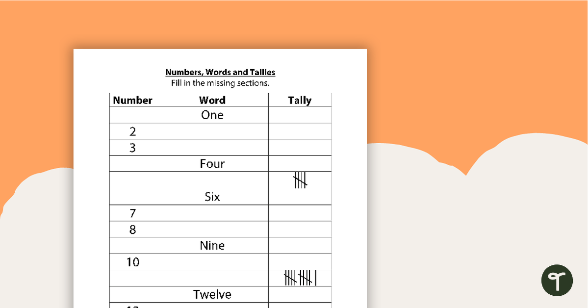 Numbers, Words, and Tallies Up to 20 - Worksheet teaching resource