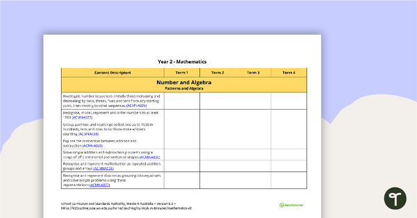Mathematics Term Tracker (WA Curriculum) - Year 2 teaching resource