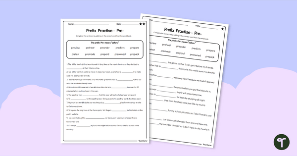 Pre- Prefixes Worksheet teaching resource