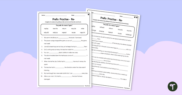 Re- Prefixes Worksheet teaching resource