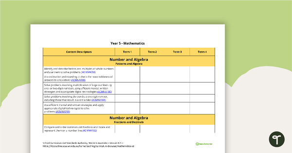 Go to Mathematics Term Tracker (WA Curriculum) - Year 5 teaching resource