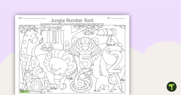 Identifying Numbers - Jungle Number Hunt Worksheet teaching resource