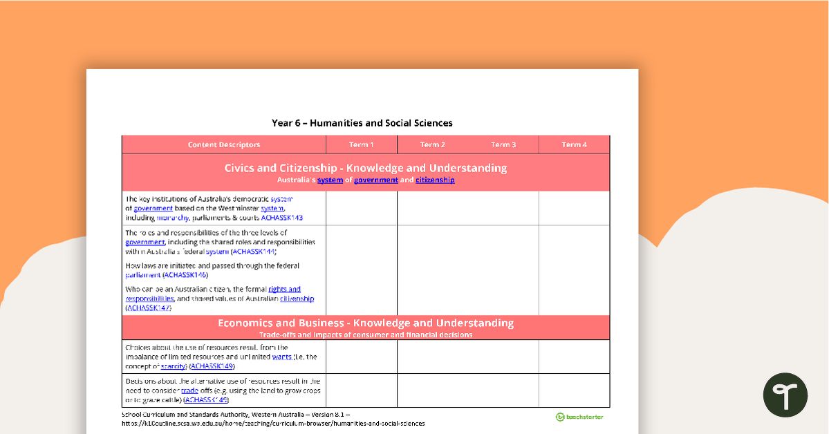 Humanities and Social Sciences Term Tracker (WA Curriculum) - Year 6 teaching resource
